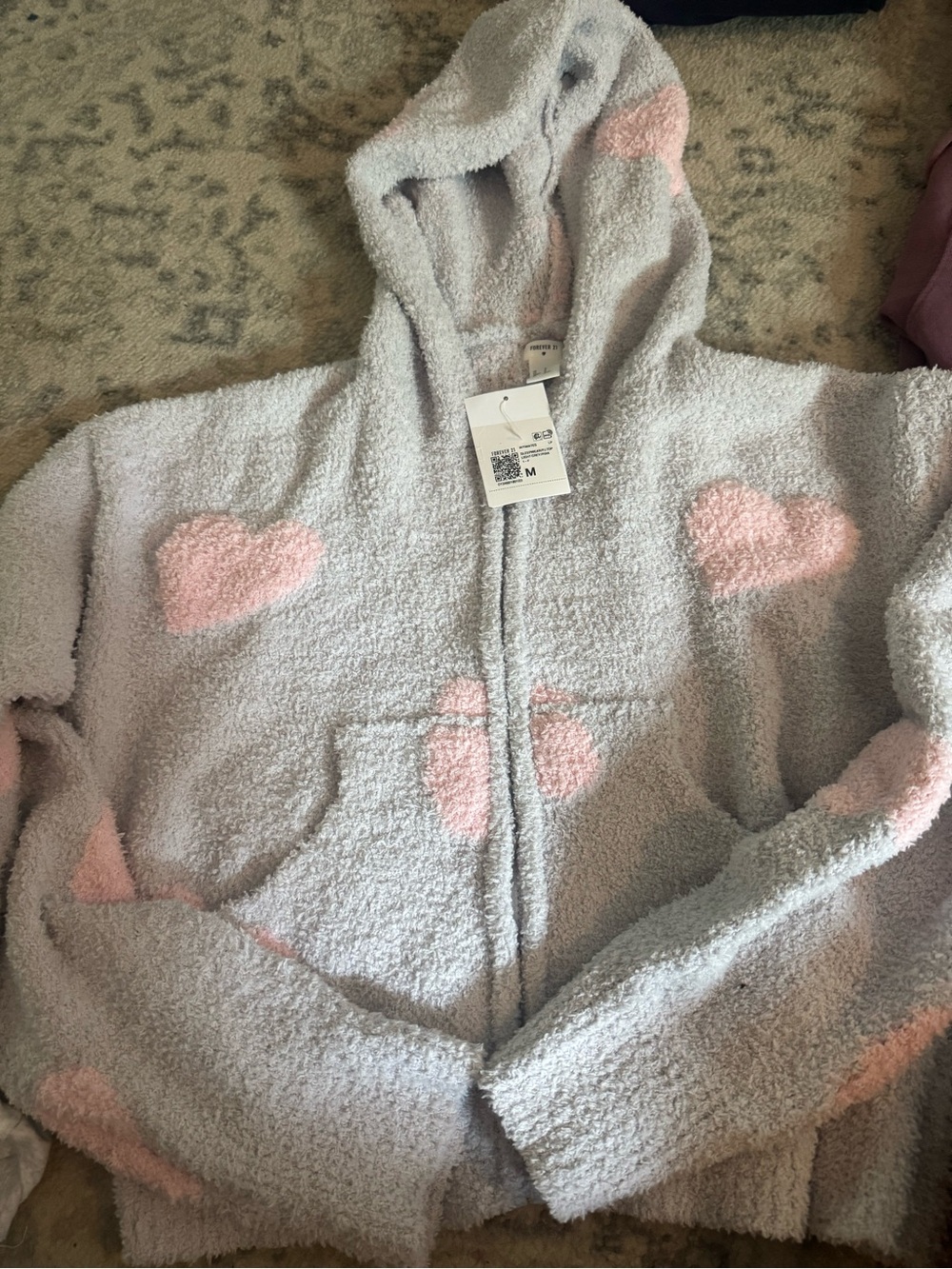 Forever 21 Light Gray Sherpa Hoodie with Pink Heart Pattern